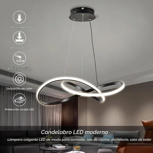 Vista 2 de Lámpara colgante LED moderna, lámpara de techo negra contemporánea con luces de anillo irregular para comedor, sala de estar, recámara, isla