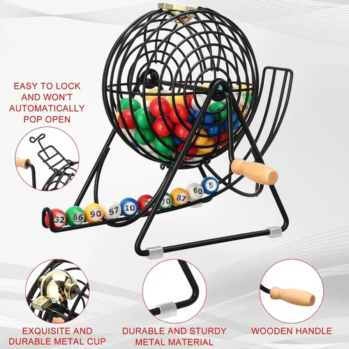 Vista 3 de Poen Juego de Lotería Bingo de 101 Piezas Incluye Jaula de 12 Pulgadas Números 1-100 Pelotas de Ventana de 0.9 Pulgadas Rifa para Noche