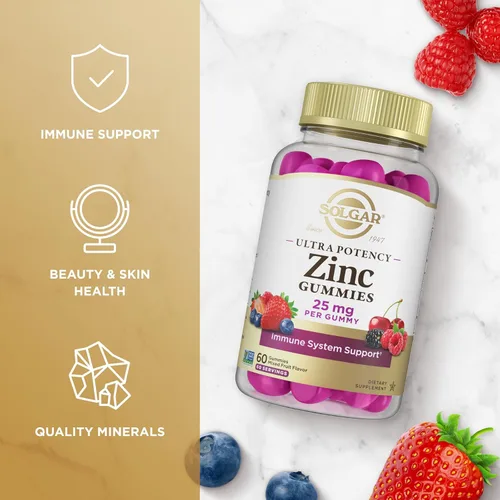 Vista 3 de Solgar Gomitas de zinc para adultos con 25 mg de citrato de zinc de ultra potencia para apoyo inmunológico, sabor mixto de frutas, veganas, kosher
