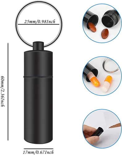 Vista 2 de Pastillero pequeño impermeable llavero pastillero portátil contenedor de píldoras de viaje caja de metal con llavero para acampar al aire libre