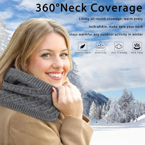 Vista 7 de Gorros de invierno para mujer, bufanda, guantes para pantalla táctil, juego cálido con patrón de cuadrícula, gorro holgado de punto con forro polar