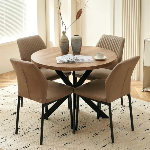 Vista 14 de Juego de mesa de comedor para 4, mesa de comedor rectangular irregular de madera moderna, sillas de comedor de cuero, 4 mesas y sillas, juego de 4