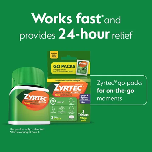 Vista 2 de Zyrtec Tabletas para aliviar la alergia las 24 horas, medicina de acción rápida para alergias en interiores y exteriores, cetirizina 10 mg