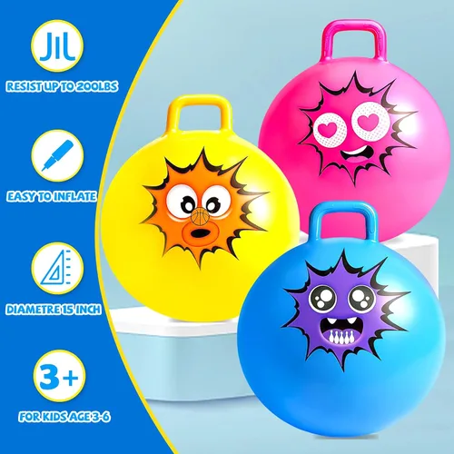 Vista 2 de Hymaz Pelota de tolva para niños de 3 a 6 años, paquete de 3 bolas inflables con asa, pelota inflable para saltar saltando, juguetes de salto