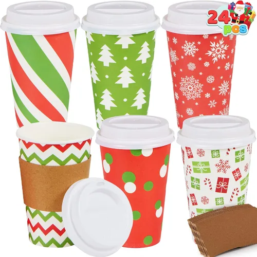 Vista 11 de JOYIN 24 piezas de vasos de papel desechables de Navidad, vasos de fiesta de Feliz Navidad de 16 oz con mangas y tapas, 4 diseños de vajilla