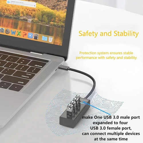 Vista 3 de USB 3.0 4-Port Hub Data 5Gbps Splitter USB Extender con indicador LED y cable extendido 9.8in/25cm para PC Flash Drive Laptop Impresora HDD móvil