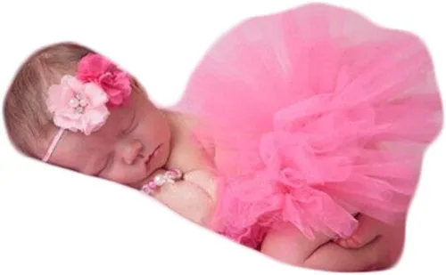 Vista 2 de Accesorios de fotografía para recién nacidos, trajes de bebé para niña, diadema floral y falda tutú de tul esponjoso de princesa, rosa, Rosado