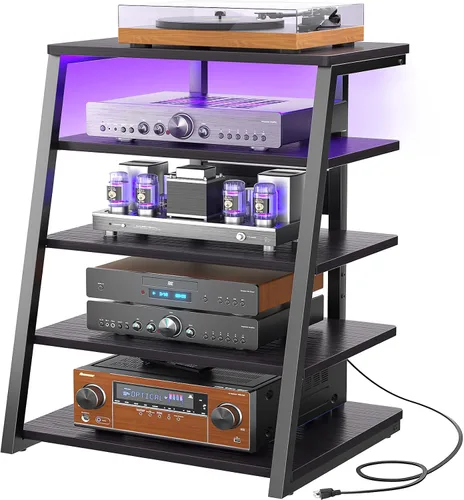 Vista 14 de Soporte multimedia AV de 4 niveles con tiras de alimentación, soporte estéreo con luces LED, torre de audio en rack con estantes ajustables, pequeño
