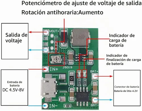 Vista 3 de Módulo de cargador de batería USB TP4056 3.7V 4.2V a 9V 5V 2A carga descarga integrado módulo elevador, módulo de cargador de batería de iones