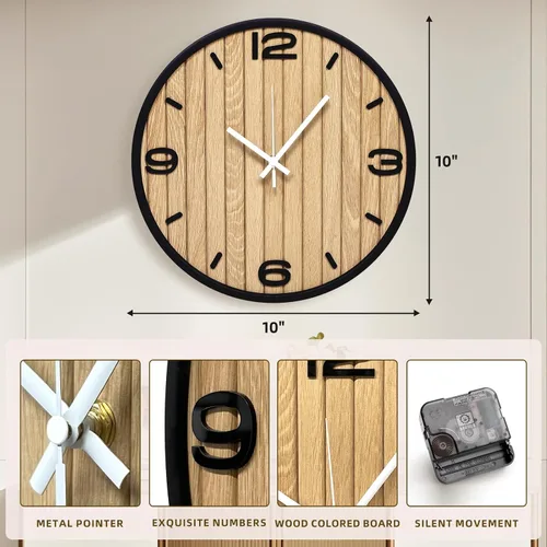 Vista 3 de Reloj de pared redondo de 10 pulgadas, funciona con pilas, de madera, de cuarzo, silencioso, decorativo, analógico, para apartamento, sala de estar