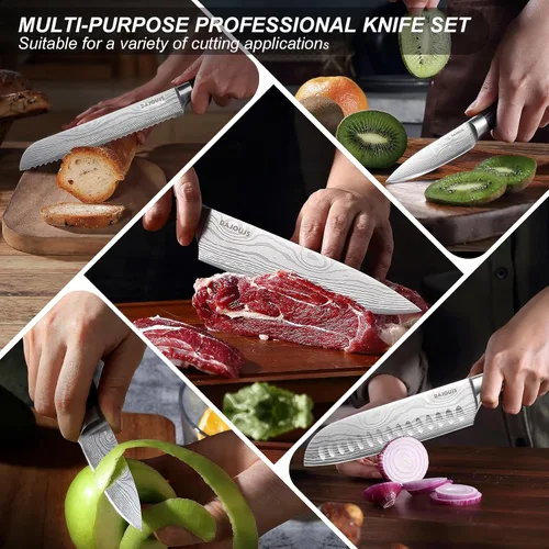 Vista 6 de Juego de cuchillos de cocina con bloque – Juego de 6 cuchillos de chef, 5 piezas de acero inoxidable de alto carbono – Cuchillos afilados con un