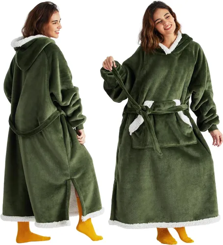 Vista 21 de Bedsure Manta Vestible con Capucha para Mujer - Manta Larga de Forro Polar Sherpa con Capucha para Adultos, Mujeres y Hombres, Cálida y Acogedora