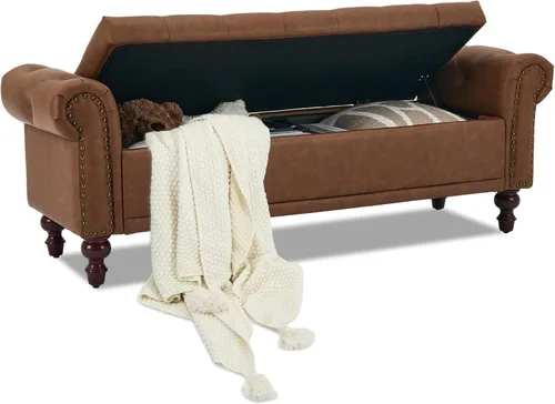Vista 13 de SOFTHION Banco de almacenamiento de 58.1 pulgadas para dormitorio, cojín de chenilla, color marrón claro Chenille marrón claro