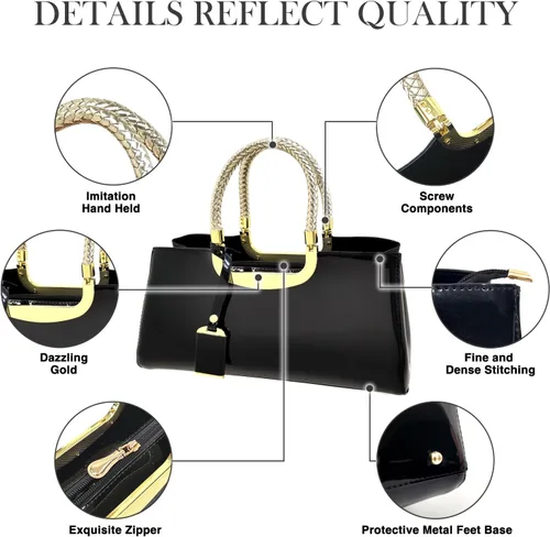 Vista 4 de Bolso de hombro estructurado de piel sintética brillante para mujer, para fiesta de noche, bolso de boda, bolso retro