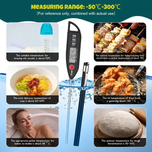 Vista 4 de Copkim Juego de 3 Termómetros de Cocina Impermeables para Agua, Líquidos, Velas y Carne. Termómetro Digital de Carne con Sonda Larga de Lectura Negro