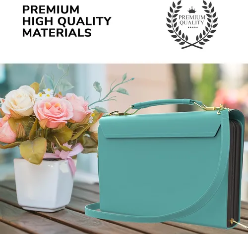 Vista 18 de DEHITE Funda para la Biblia para mujer, bolsa de transporte para la Biblia, ranuras para bolígrafos, bolsillo con cremallera, correa para el hombro