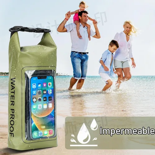 Vista 6 de Bolsa seca impermeable de 2 litros, funda enrollable para teléfono de playa, bolsa seca ligera para natación, kayak, campamento, pesca, viajes, Verde