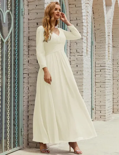 Vista 2 de nightbubo Vestido de dama de honor para mujer manga larga cuello en V vestido formal de gasa para boda