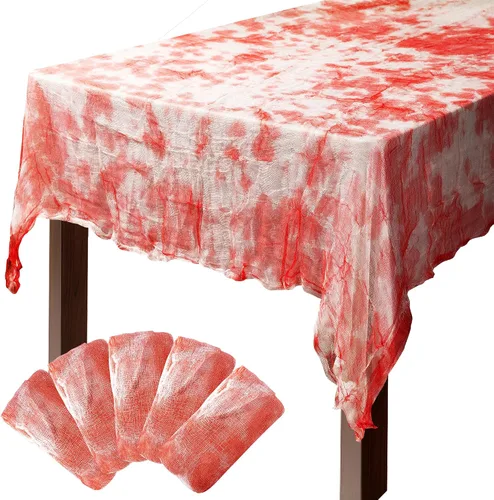 Vista 8 de 3 manteles rectangulares de gasa sangrienta de Halloween, 85 x 60 pulgadas, mantel rectangular con estampado de manos sangrientas, mantel de mesa