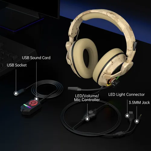 Vista 4 de Foyose Auriculares para juegos para PS4, PS5, PC, Xbox One, interruptor, cancelación de ruido, auriculares con micrófono, sonido envolvente 7.1, USB