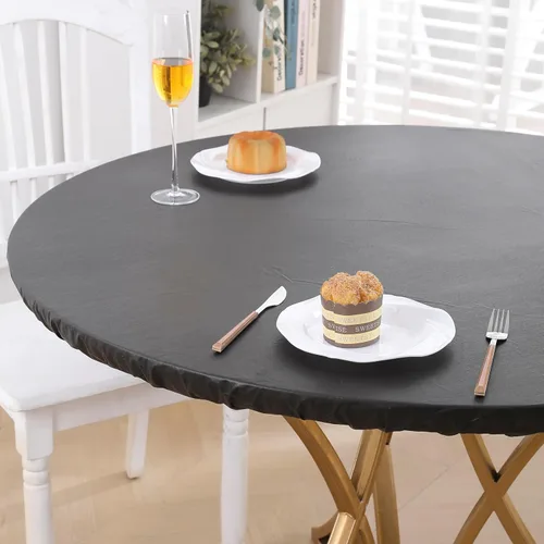 Vista 7 de Walrus Mantel redondo de vinilo ajustable con reverso de franela, diseño de borde elástico, impermeable, a prueba de aceite, mantel de PVC Madera