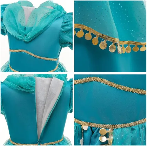 Vista 5 de Disfraz de princesa de jazmín para niñas, vestido árabe de Aladdin, Halloween, Navidad, cumpleaños, fiestas con accesorios