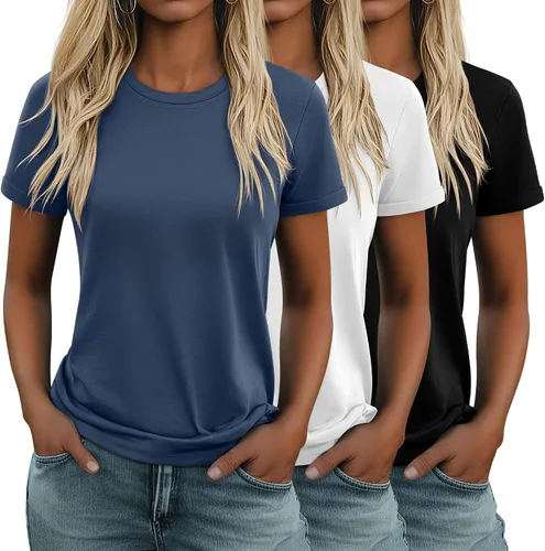 Vista 29 de Huukeay Paquete de 3 camisetas de algodón para mujer, estilo casual, de manga corta, cuello redondo, ajuste holgado, básica, lisa