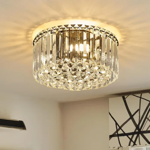 Vista 16 de Lámpara de techo de cristal K9 dorada de 17.3 pulgadas, lámpara de techo moderna, lámpara redonda de lujo para comedor, dormitorio, pasillo, isla