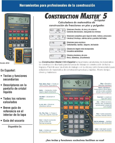 Vista 5 de Calculated Industries 4054 Construction Master 5 en Español - Calculadora de construcción con pies, pulgadas y fracciones para carpinteros