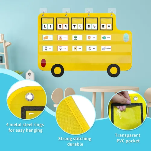 Vista 3 de Tabla de bolsillo de construcción de palabras, gráfico educativo en forma de autobús, gráficos de bolsillo para el aula para niños, recursos