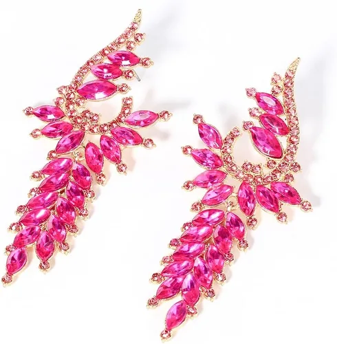 Vista 5 de KELMALL Aretes colgantes largos con diamantes de imitación para mujer, aretes colgantes de cristal brillante, aretes colgantes para boda y baile