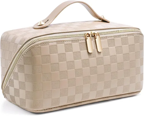 Vista 22 de Bolsa de cosméticos de viaje de gran capacidad - Bolsas de maquillaje portátiles para mujeres, impermeable, de cuero PU a cuadros, con organizador