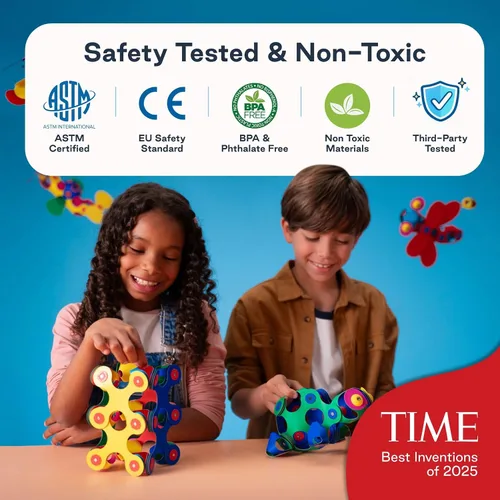 Vista 4 de Clixo Rainbow Pack, juguetes de construcción magnéticos flexibles para niños (42 unidades, 4+) Flexible Imagination STEM magnet toys for travel.