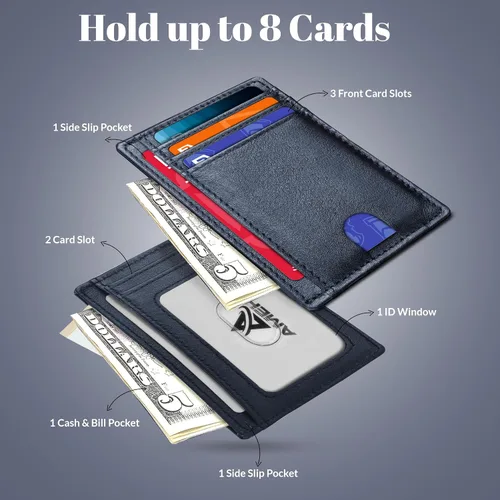 Vista 2 de AMEHA Cartera minimalista delgada para hombre, bolsillo frontal, de cuero real, con bloqueo RFID, tarjetero de crédito comercial con ventana
