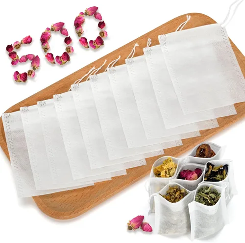 Vista 9 de 100 bolsas de té desechables para té de hojas sueltas, bolsas de filtro de té vacías con cordón de algodón, bolsitas infusoras de té rellenables
