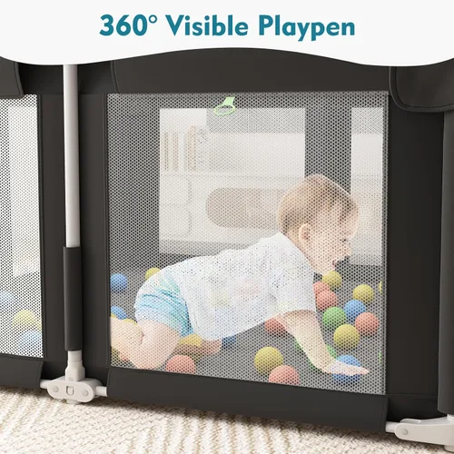 Vista 5 de Corralito plegable para bebés y niños pequeños, corralito portátil de 51 pulgadas con alfombrilla y pelotas oceánicas, patio de juegos con malla