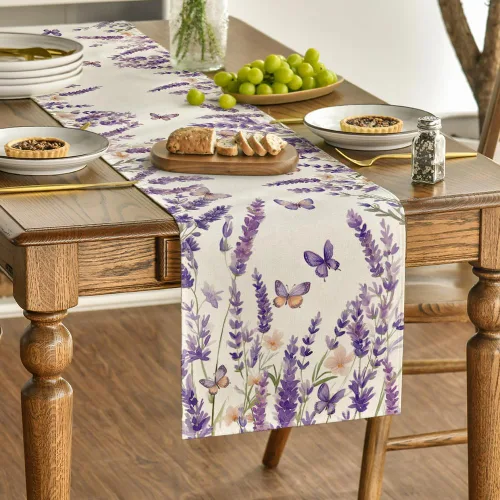 Vista 3 de Artoid Mode Camino de mesa de primavera con mariposas florales de lavanda morada, decoración de mesa de comedor de cocina de verano de temporada