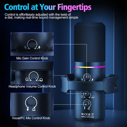 Vista 5 de Micrófono para juegos XLR/USB con brazo de brazo, micrófono dinámico con silencio de un toque, control de ganancia y conector para auriculares