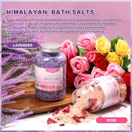 Vista 6 de Kit de sales de baño, sal rosa del Himalaya, 46 onzas, paquete de 2 aceites esenciales de sal de Epsom natural y lavanda, relaja y duerme mejor