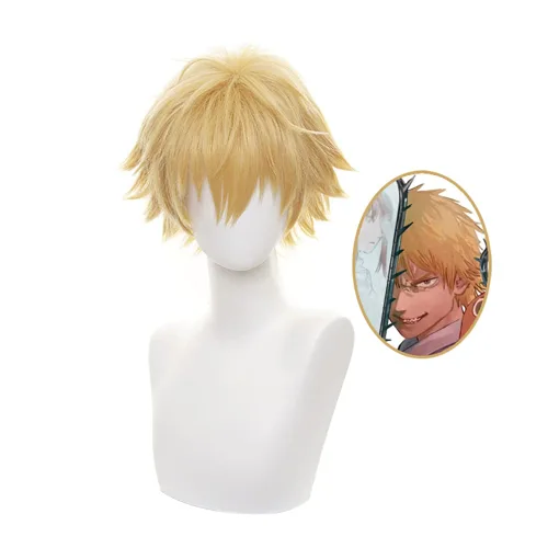Vista 5 de Peluca de cosplay de anime para hombre de motosierra, peluca de cosplay Denji, pelucas cortas rizadas amarillas para hombres + gorra de peluca gratis