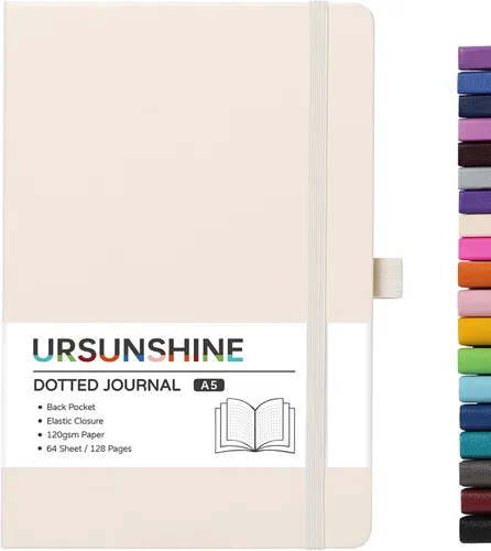 Vista 11 de Cuaderno punteado, diario, 5.3 x 8.26 pulgadas, tapa dura, prémium, papel grueso, doble espiral, bandas, cuero negro sintético, lazo para bolígrafo