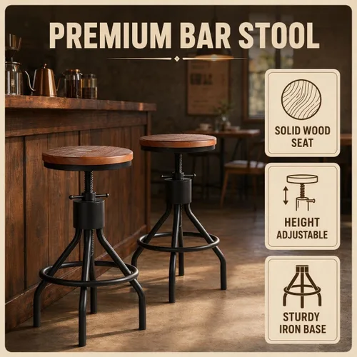 Vista 10 de Taburete de bar industrial vintage con altura ajustable, taburete de cocina estilo francés de granja, silla giratoria, madera maciza Chiar, fácil