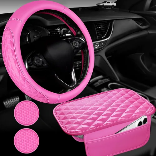 Vista 9 de CAR PASS Juego de fundas de cuero de espuma viscoelástica 3D para volante de automóvil, cómodo cojín de cuero de rombo para consola central con Negro