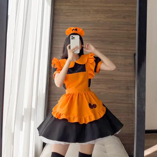 Vista 3 de STIOEDYUAN Disfraz de sirvienta de calabaza para mujer, vestido de lolita, vestido de restaurante, murciélago, vampiro, sirvienta, bruja mágica