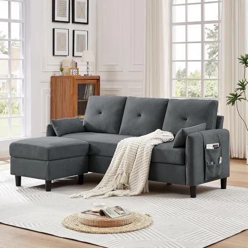 Vista 8 de Sofá modular convertible, sofá pequeño de 3 plazas en forma de L de 77 pulgadas con diván de almacenamiento reversible, sofá moderno de tela de Gris