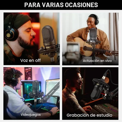 Vista 6 de SUUNTOK Micrófono de condensador XLR, micrófono de grabación con soporte de choque, kit de micrófono de estudio en casa para voz en off Negro