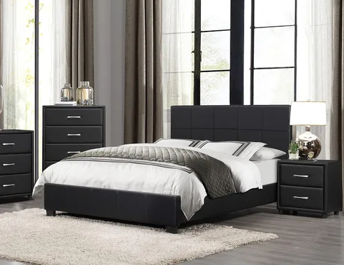 Vista 9 de NewCosmos Cubierta contemporánea de piel sintética negra duradera, 1 mesita de noche de cajones, tiradores de barra de tono plateado, muebles