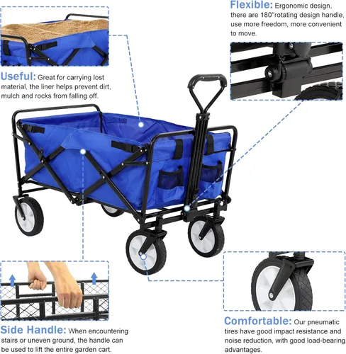 Vista 3 de Carro plegable de gran capacidad para exteriores, carrito de comestibles plegable resistente con ruedas universales y mango ajustable, carrito