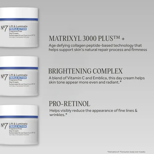 Vista 3 de No7 Lift & Luminate Crema facial de triple acción, sin fragancia, hidratante facial con SPF 30, formulada con péptidos de colágeno