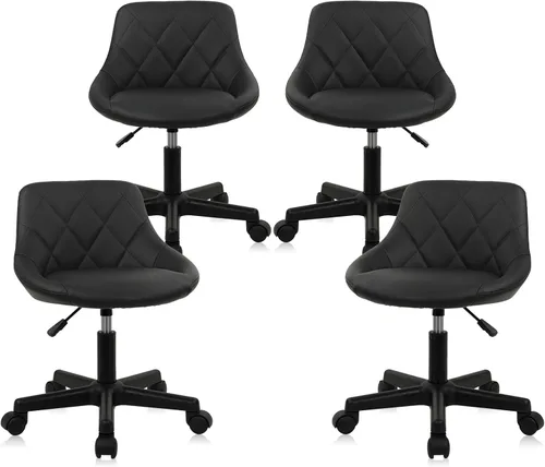 Vista 12 de KLASIKA Taburete con ruedas de respaldo bajo negro, taburetes de tocador de cuero PU, altura ajustable ergonómica giratoria giratoria silla